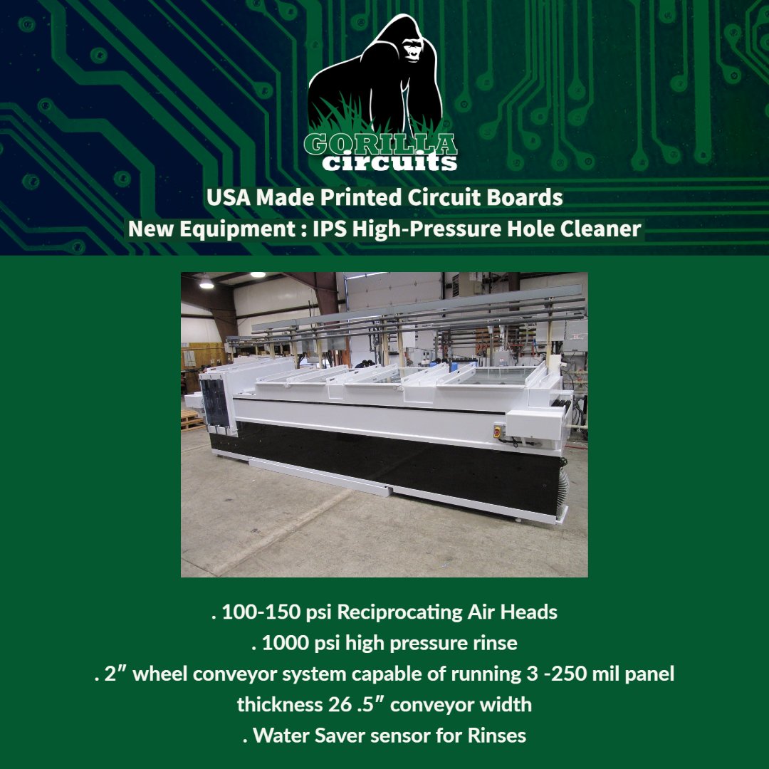 GorillaCircuits's tweet image. In 2022 Gorilla welcomed a new High-Pressure Hole Cleaner from world-class manufacturer IPS. Consistent re-investment in our equipment helps us maintain our ability to keep up with the latest #PCBFabrication technology demands. 🦍