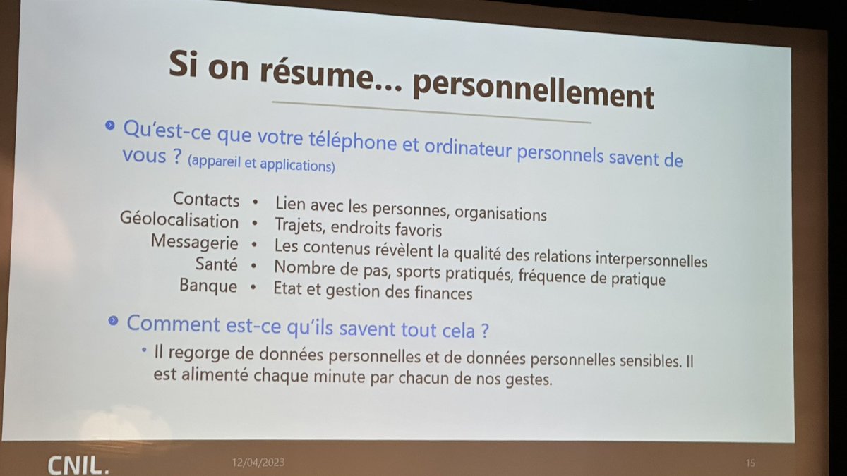 gbonzoms's tweet photo. Intervention de Jennifer Elbaz de la @CNIL à #CapNum2 #TNE34.
« Qu’est-ce que mon téléphone et mon ordinateur savent de moi, et de mes élèves ? » https://t.co/sYaw2HHv6l