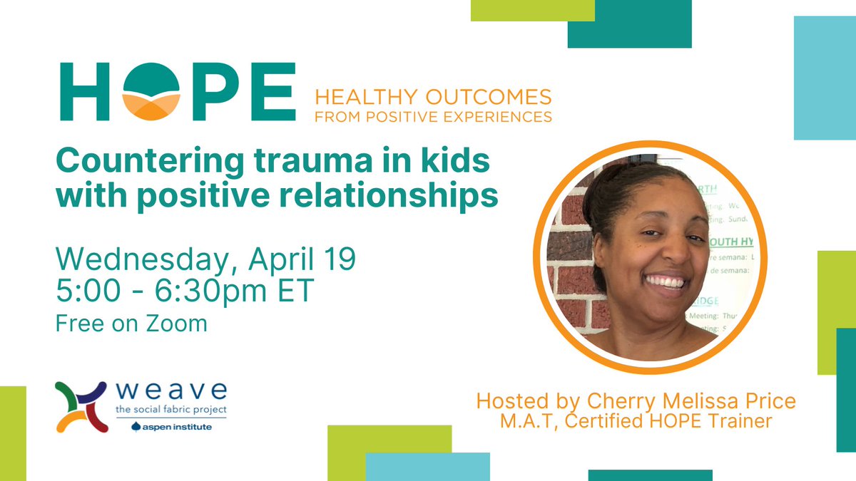 Relationships can transform the lives of children who experience trauma. On April 19, Cherry Melissa Price will explain the HOPE (Healthy Outcomes from Positive Experiences) framework and how to create positive experiences through weaving. Register: ow.ly/Lo2j50NCnHK