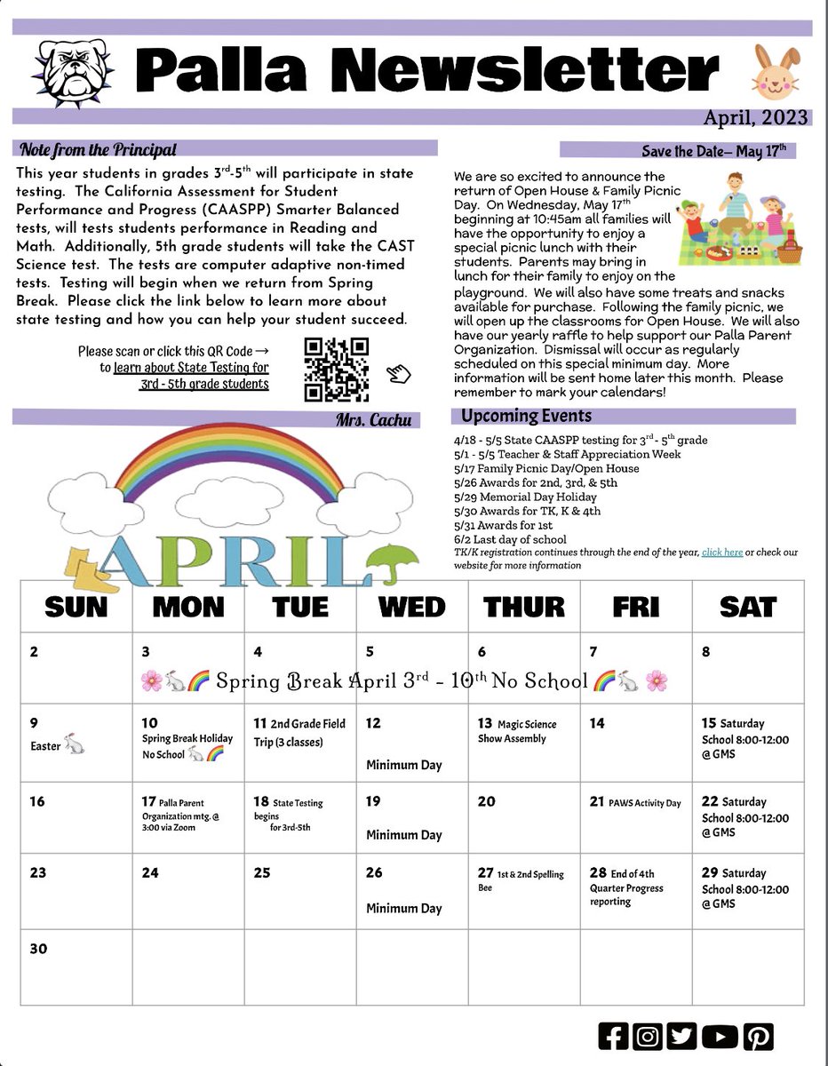 PallaElementary's tweet photo. Check out what’s going on this April at Palla!💜🐾
.
.
.
#pallafamilies #pallabulldogs https://t.co/fkB6uoUBWm