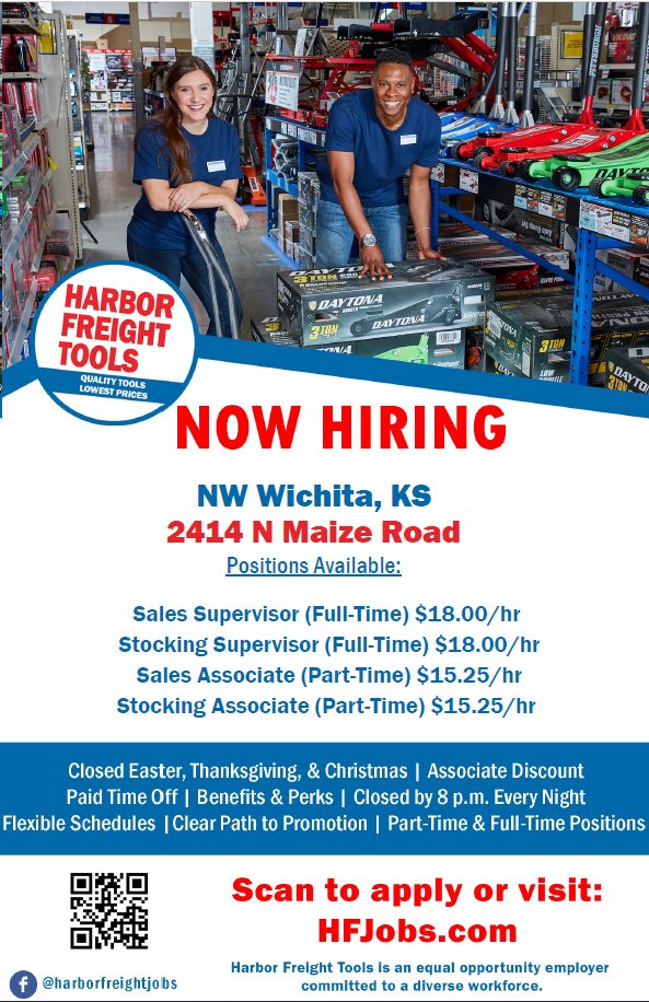 workforcecenter's tweet photo. @HarborFreight has several positions available! Don't forget to join them for their hiring fair at the Wichita Workforce Center today from 9:00am - 4:00pm.

Learn more and apply: https://t.co/AmyFgXfkpc

@KansasWorkforce https://t.co/zi3XJiQcmi