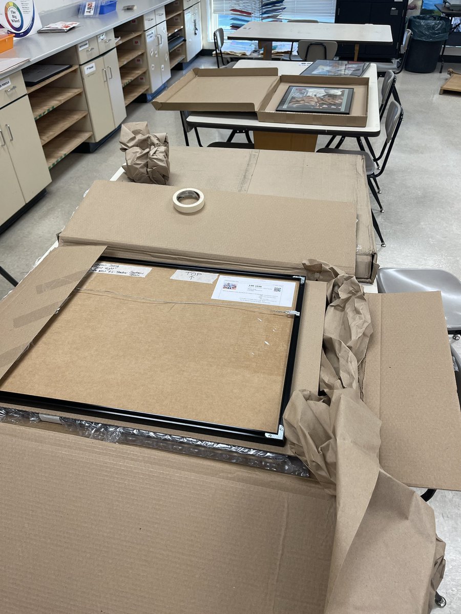 GauerStephanie's tweet photo. Next step - packing the frames for their travels to Columbus. Here is a BEFORE and AFTER photo. Only took 2 hours to pack it up! #OhioGovernorsYouthArtExhibit #FirebirdArt #arteduction #arted #arteducationmatters #highschoolart #highschoolartcompetition https://t.co/2OvnBDRB2V