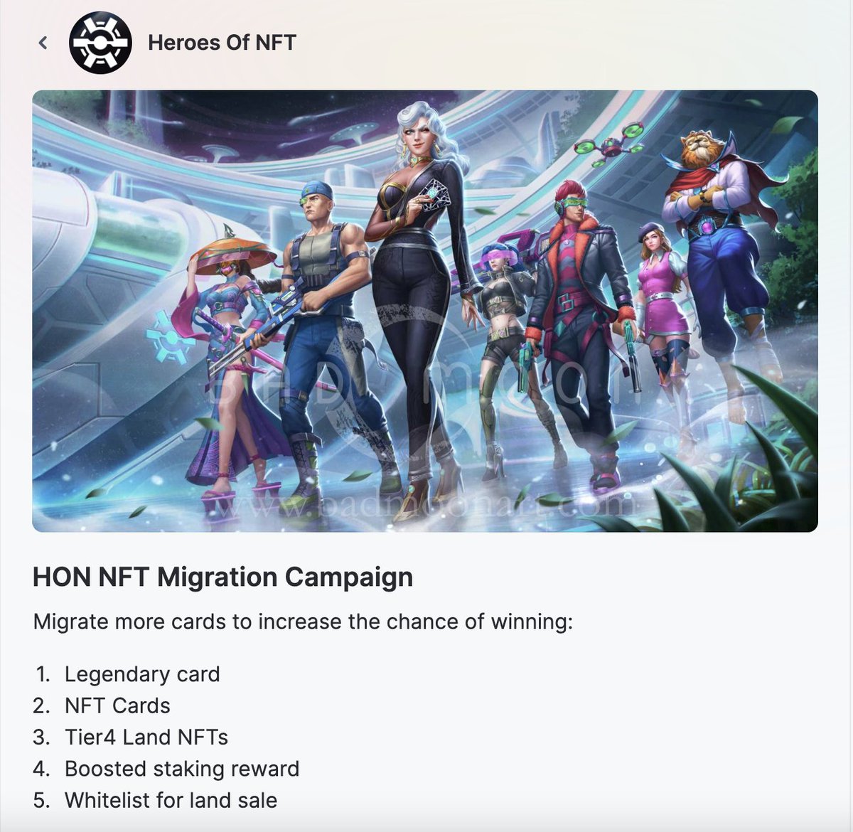 heroesofnft's tweet photo. Heroes of NFT presents NFT Migration Campaign!  

You will migrate your NFTs and will have a chance to get HUGE rewards including:  

1- Legendary card 
2- NFT Cards 
3- Tier4 Land NFTs 
4- Boosted staking reward 
5- Whitelist for land sale

Participate via the link below👇 https://t.co/J9SP49YsZv