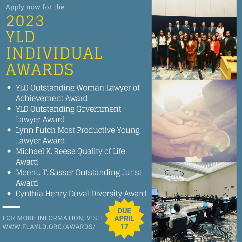 FlaBarYLD's tweet photo. REMINDER: These award noms are due next week - April 17!

✨Outstanding Woman Lawyer of Achievement 
✨Outstanding Gov't Lawyer 
✨Lynn Futch Most Productive Young Lawyer 
✨Michael K. Reese Quality of Life 
✨Meenu T. Sasser Outstanding Jurist 
✨Cynthia Henry Duval Diversity https://t.co/LVWKte9bzj