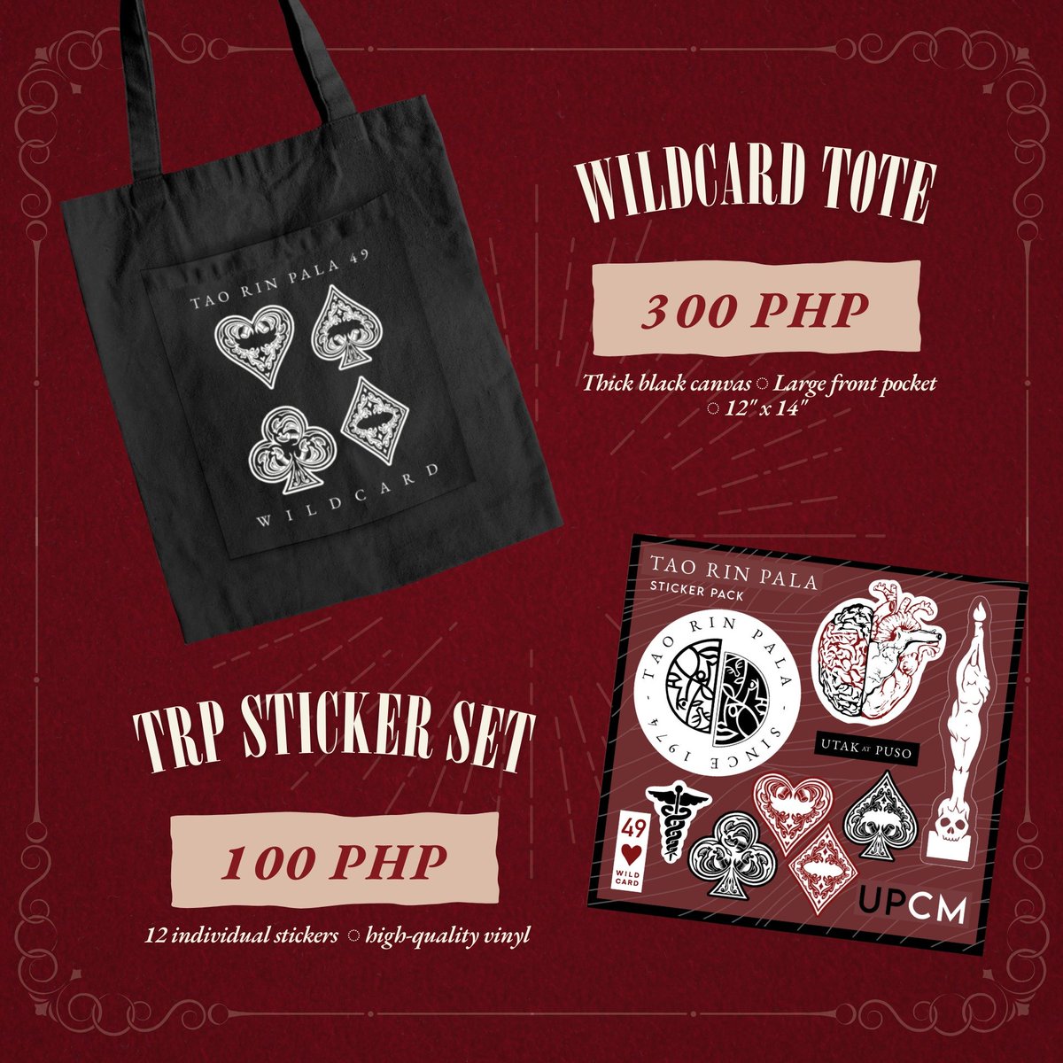 TaoRinPala's tweet photo. Are you ready to place your bets on THE WILDCARD SHOP?

Cash in these sweet prizes with this year's roll-out of the TRP Store. Explore the shop to discover unique products and special discounts all the while supporting Tao Rin Pala, one of the most awaited events in UPCM-PGH! https://t.co/nV0udE8S72