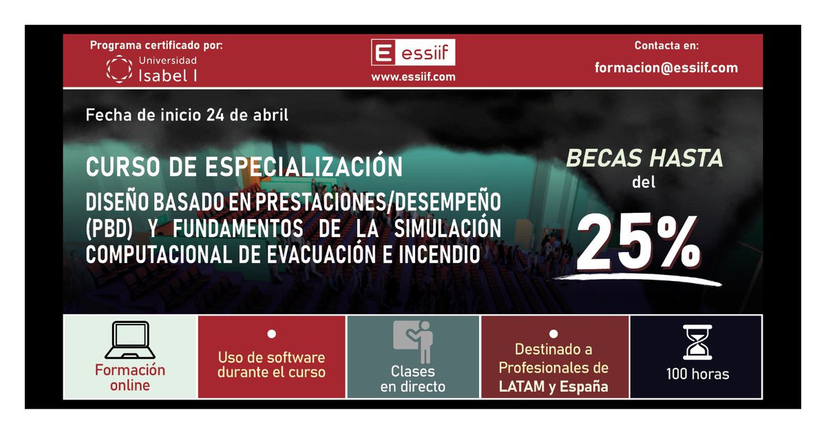 ChileSpci's tweet photo. ¿Quieres especializarte en diseño basado en prestaciones/desempeño y simulación computacional de evacuación e incendio?
📆 Formación online
🎓 Clases en directo
⏰ 100 horas
💻 Uso de software durante el curso
Dirigido a profesionales de Latinoamérica y España
Inicio: 24 abril https://t.co/1abh9meHF8