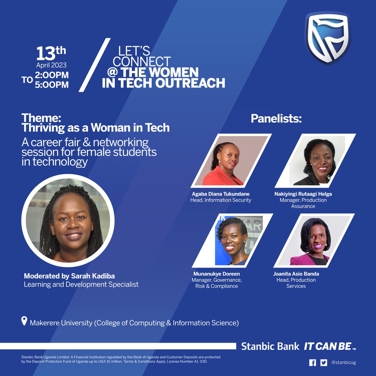 stanbicug's tweet photo. We shall be having a day of learning and networking at the Women in Tech outreach event at @Makerere. The goal is to inspire the next generation of female tech leaders.

#WomenInTech #StanbicForHer https://t.co/D7LwpQxEWm