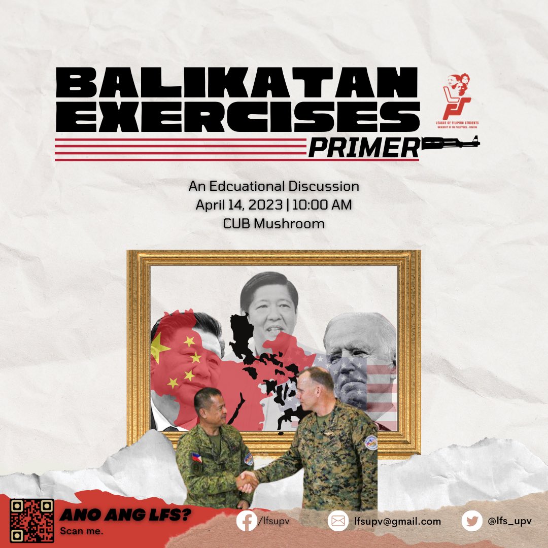 lfs_upv's tweet photo. Paaralang Emilio Jacinto invites you to an educational discussion on the Balikatan Exercises.

April 14, 2023 | 10:00 AM 
CUB Mushrooms

#USTroopsOutNow
#ImperyalismoIbagsak 1/n https://t.co/4uPeUKNual
