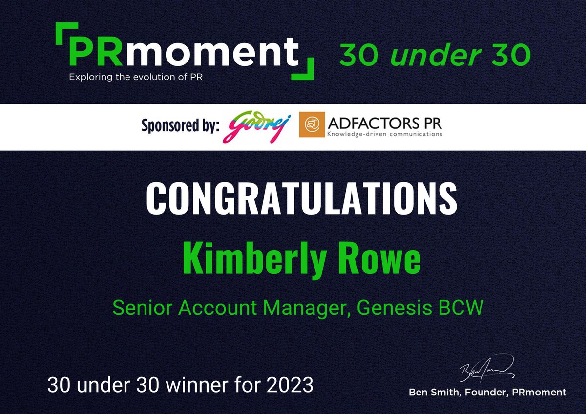 PRmomentIndia's tweet photo. Congratulations #KimberlyRowe, corpcomms specialist, @GenesisBCW for making it to the list of 30 under 30 for 2023!

Check out the winners - https://t.co/E5rbFnB8me @PaarulC https://t.co/LkvfISvnsO