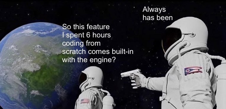 ImpishIntern's tweet photo. Working through the pain by making memes…it’s the #indiedev way 😂

Reply to this tweet with a time you did this and make me feel like I’m not the only one! #IndieGameDev https://t.co/r1CLzvTIxg