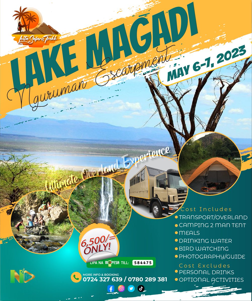 loitasafaris's tweet photo. Two-day trip to Lake Magadi hot springs and drive into Masai countryside eventually ending up at Nguruman for Bird watching, swimming in the river, and Fun moments.
Optional activities hike, Olorgesaillie prehistoric site visit. DM for details.
#camping #tembeakenya https://t.co/mc2rzAGRbA