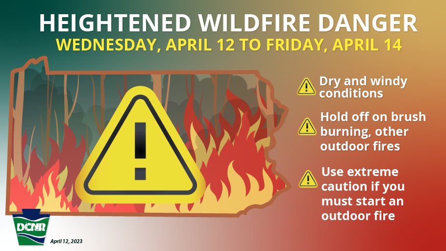 The entire state of Pennsylvania is at a heightened danger of wildfire this week! Please don’t start any outdoor fires except when the fire danger is low. Learn more about when it is a bad time to burn with our daily wildfire danger maps 🔥🌲➡️ bit.ly/2J131jx.