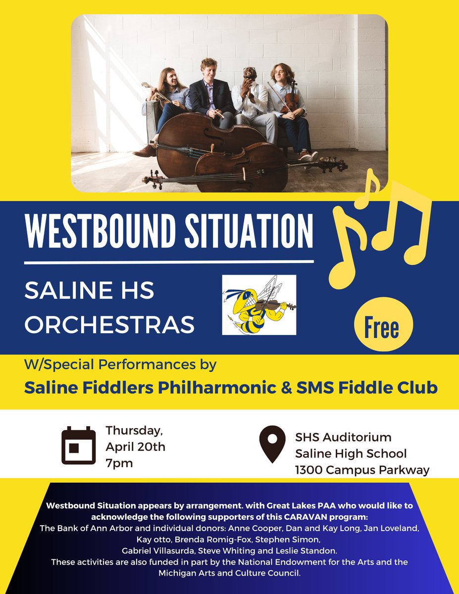 Thur., April 20th at 7pm; the <a href="/SalineHS/">Saline High School</a> Orchestras, <a href="/SalineMiddle/">Saline _middle</a> Fiddle Club and <a href="/SFPhilharmonic/">Saline Fiddlers</a> will be performing with chambergrass band, Westbound Situation for a free evening of string playing!