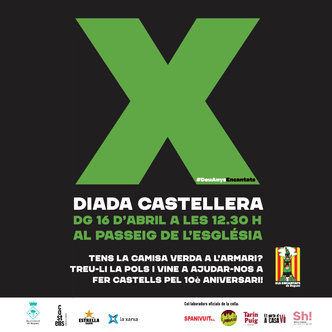 EncantatsBegues's tweet photo. 🥳 Aquest diumenge 16 d'abril a les 12.30 h a la plaça de l'Església de Begues celebrarem el nostre 10è aniversari com a colla castellera de ple dret .
T'hi esperem! 💚🐗
#castellers #elsencantatsdebegues #actuacio #femcastells #femcolla #10AnysEncantats #actuacions #aniversari https://t.co/n1IaZZhON6