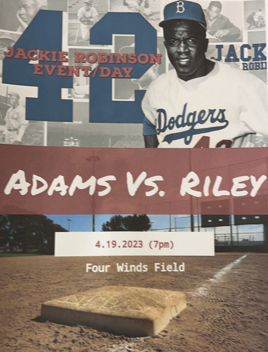 JACKIE ROBINSON DAY ‼️‼️‼️
COME OUT TO SUPPORT OUR BASEBALL TEAM VS RILEY ⚾️

@ FOUR WINDS FIELD 🏟️
⏰ : 7 PM 
4/19/23 NEXT WEDNESDAY ⚾️‼️

FIRST 50 PEOPLE TO ARRIVE GET A FREE T-SHIRT ‼️‼️