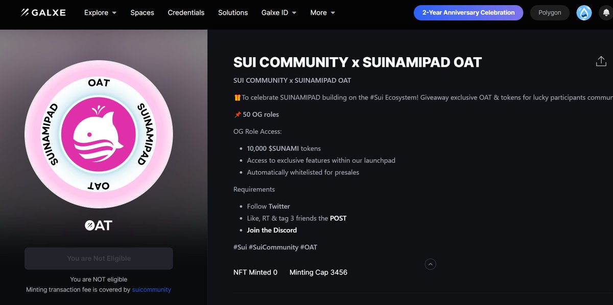 SUI COMMUNITY x @SuinamiPad OAT⚡️

🎁To celebrate SUINAMIPAD building on the #Sui Ecosystem! Giveaway exclusive OAT &amp; prizes for lucky participants community!

Mint OAT
galxe.com/suicommunity/c…

📌50 OG roles

Please use #Avalanche network to claim OAT

#Sui #SuiCommunity #OAT