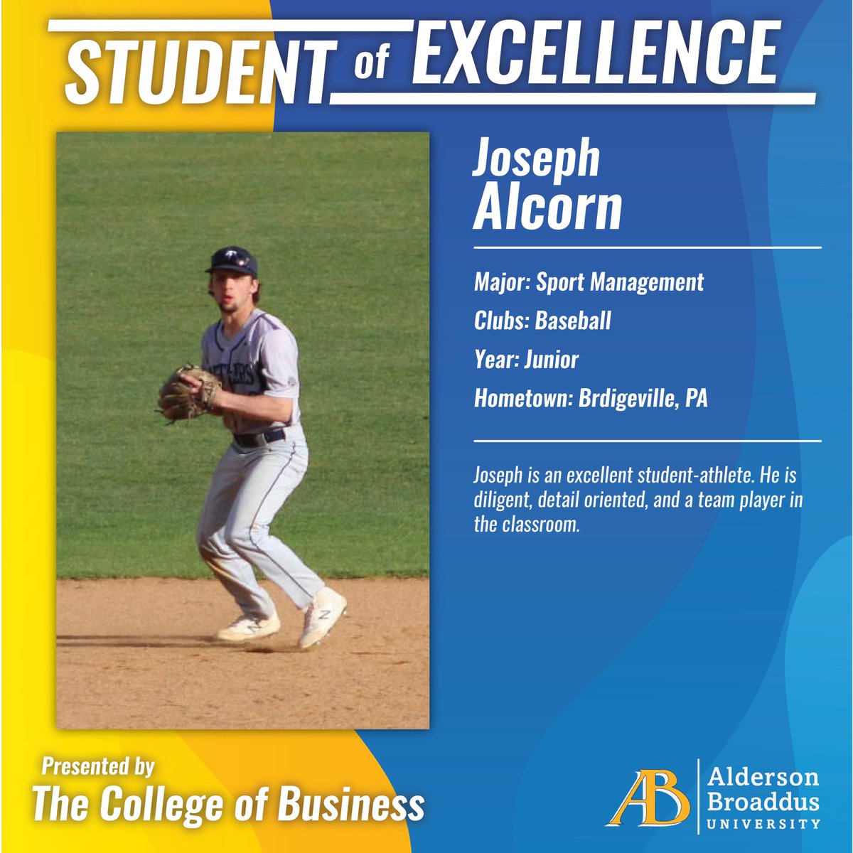 Congratulations to Joseph Alcorn for being this week's student of excellence from the College of Business!
#StudentofExcellence #BattlerPride