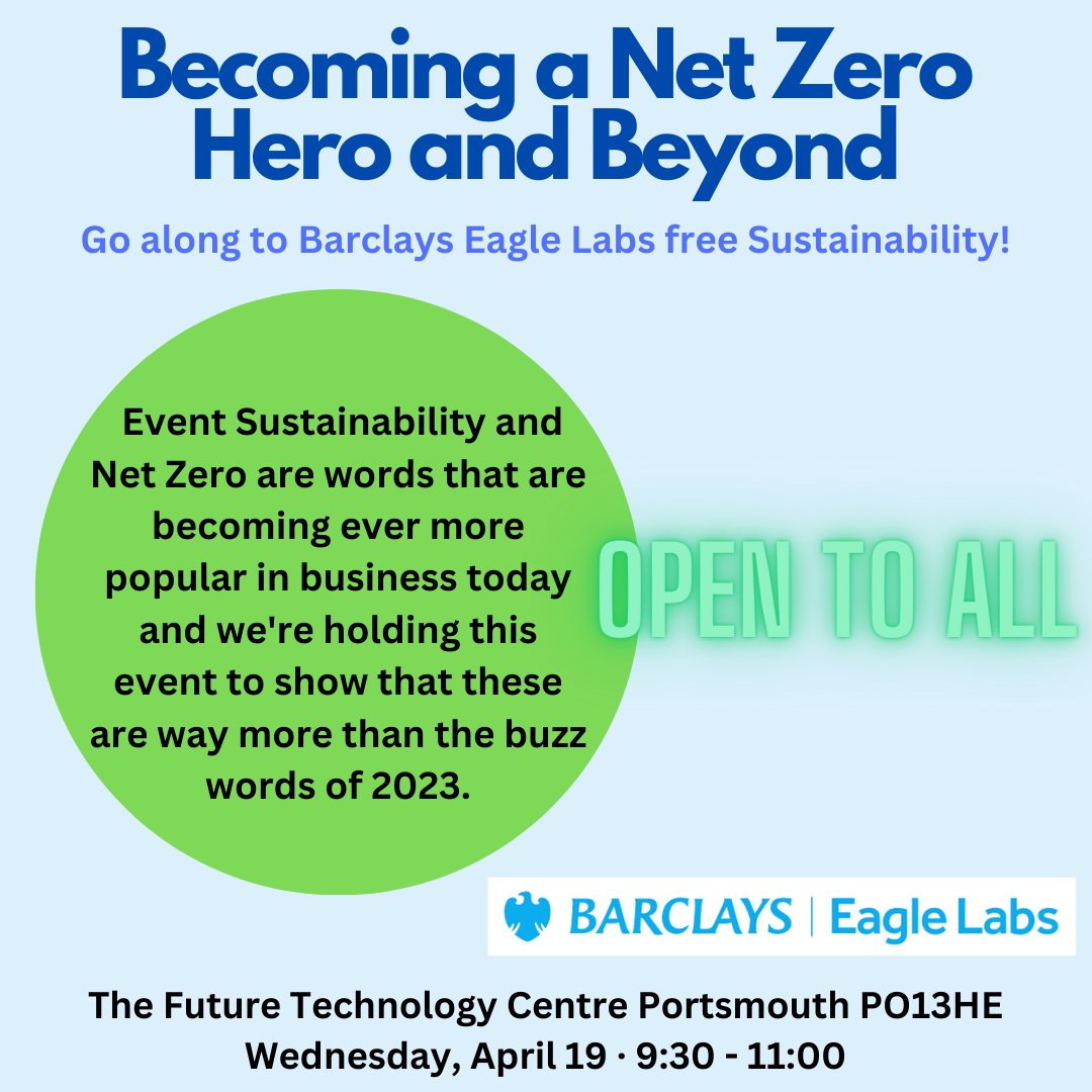 FREE Sustainability Event! 👋 Barclays Eagle Labs are hosting this event for businesses to discuss Sustainability, Net Zero & network with like minded people too! 19th April - 9:30-11:00 *There will be light bites and drinks available* Register here: eventbrite.com/e/becoming-a-n…