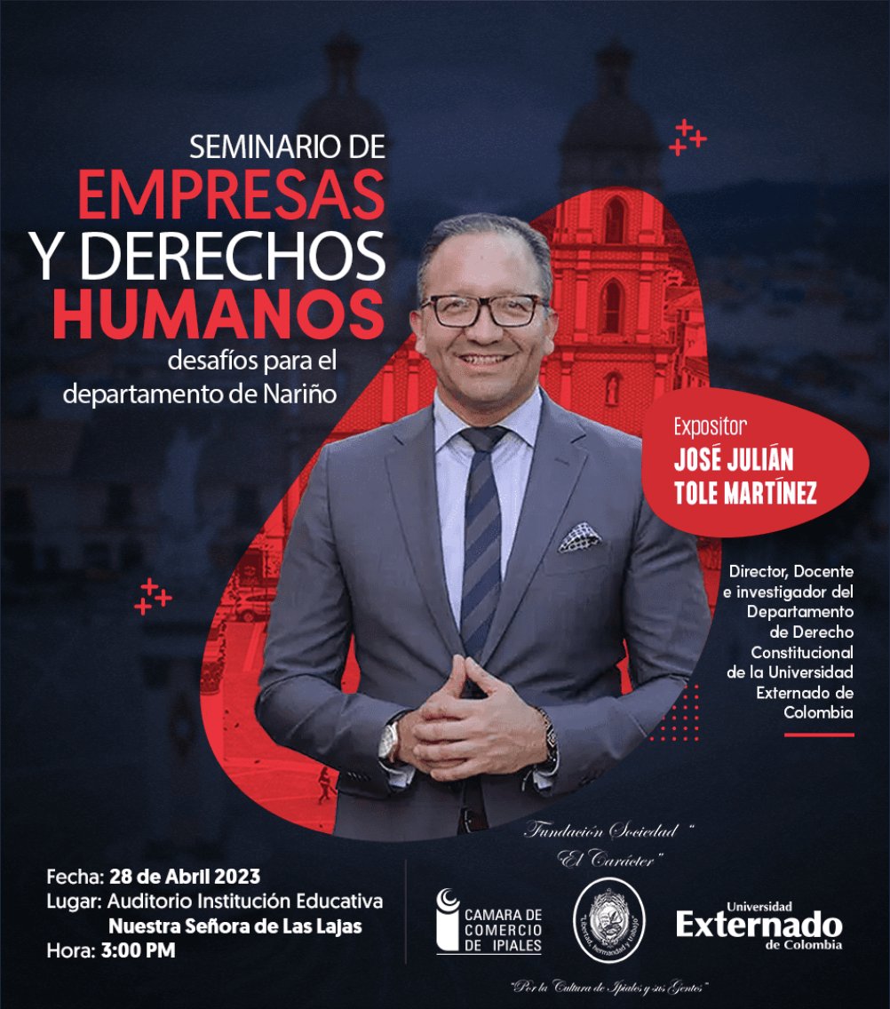 sroserohuertas's tweet photo. Los invitamos a participar del "𝗦𝗲𝗺𝗶𝗻𝗮𝗿𝗶𝗼 𝗱𝗲 𝗘𝗺𝗽𝗿𝗲𝘀𝗮𝘀 𝘆 𝗗𝗲𝗿𝗲𝗰𝗵𝗼𝘀 𝗛𝘂𝗺𝗮𝗻𝗼𝘀: 𝗱𝗲𝘀𝗮𝗳í𝗼𝘀 𝗽𝗮𝗿𝗮 𝗲𝗹 𝗱𝗲𝗽𝗮𝗿𝘁𝗮𝗺𝗲𝗻𝘁𝗼 𝗱𝗲 𝗡𝗮𝗿𝗶ñ𝗼", realizado por la Camara de Comercio de Ipiales, la Sociedad El Carácter y el @ddhhyempresas https://t.co/DPkfK48bBn