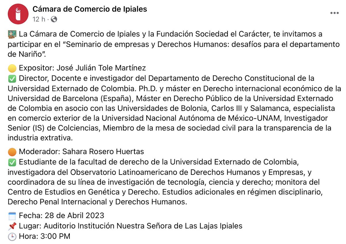 sroserohuertas's tweet photo. Los invitamos a participar del "𝗦𝗲𝗺𝗶𝗻𝗮𝗿𝗶𝗼 𝗱𝗲 𝗘𝗺𝗽𝗿𝗲𝘀𝗮𝘀 𝘆 𝗗𝗲𝗿𝗲𝗰𝗵𝗼𝘀 𝗛𝘂𝗺𝗮𝗻𝗼𝘀: 𝗱𝗲𝘀𝗮𝗳í𝗼𝘀 𝗽𝗮𝗿𝗮 𝗲𝗹 𝗱𝗲𝗽𝗮𝗿𝘁𝗮𝗺𝗲𝗻𝘁𝗼 𝗱𝗲 𝗡𝗮𝗿𝗶ñ𝗼", realizado por la Camara de Comercio de Ipiales, la Sociedad El Carácter y el @ddhhyempresas https://t.co/DPkfK48bBn