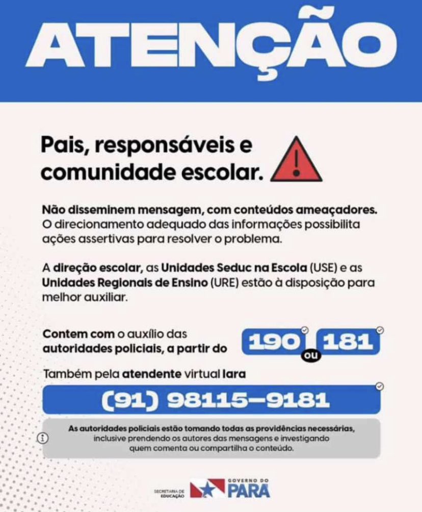 d_adrianocoelho's tweet photo. Precisamos ficar em alerta com a propagação das fake news e ameaças à escolas no Pará. Foi criado um canal exclusivo para recebimento de informações de ameaças. Em qualquer sinal suspeito, denuncie pelos telefones 190 e 181. Outro canal é o whatsapp (Iara) 98115-9181. https://t.co/RnhaZ1fYCf