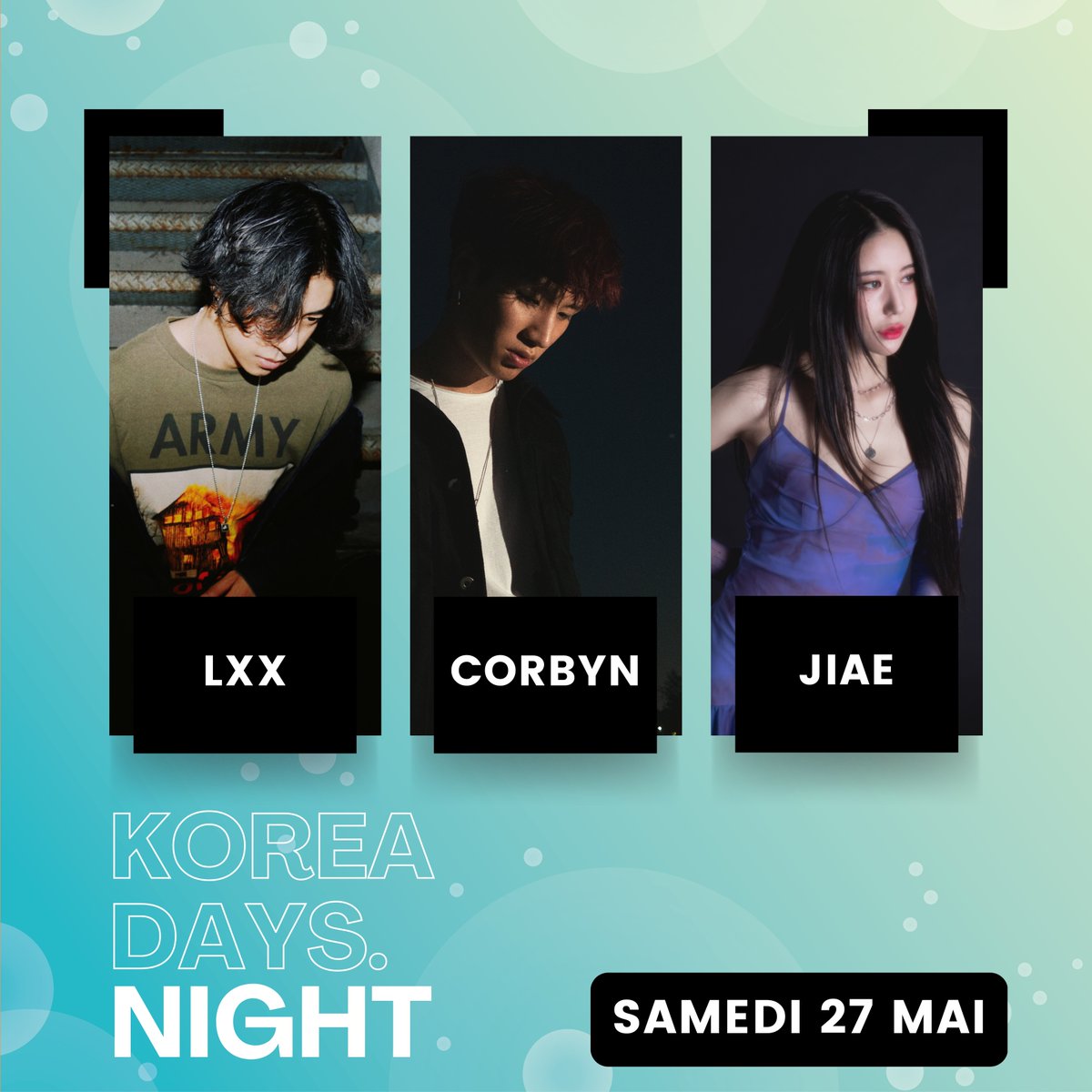 CONCERT KOREA DAYS "K-NIGHT"  Nous avons le plaisir d'accueillir <a href="/corbyn_28lab/">ᴄᴏʀʙʏɴ</a>, LXX et JIA pour un concert unique. Ils viendront tout droit de Corée du Sud pour fêter notre édition anniversaire ! La billetterie est déjà en ligne. #koreadays2023 #corbyn #lxx #jiae
