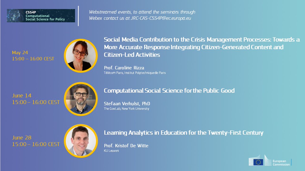 sere_signorelli's tweet photo. Our #CSS4P seminar series continues!
Do not miss the next three talks by @CarolineRizza1 (May 24), @sverhulst (June 14) and @DeWitteK (June 28). All the events will start at 15:00 CEST and will be webstreamed.
You can find more info on our events page: https://t.co/x3N1mZEb4g https://t.co/frVBx9tBMJ