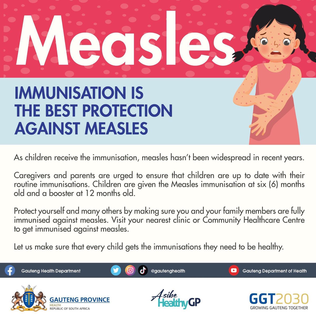 Parents and caregivers are urged to ensure that their children are up to date with their routine vaccination to protect them against diseases like measles #MeaslesOutbreak #AsibeHealthyGP