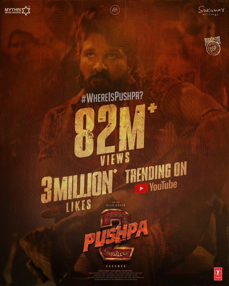 PushpaMovie's tweet photo. A BLOCKBUSTER REVEAL to #WhereIsPushpa? ❤️‍🔥

#Pushpa2TheRule Glimpse Trending on YouTube with MASSive 82M+ Views and 3M+ Likes  💥💥

- https://t.co/RzUwrcEwMr

Icon Star @alluarjun @iamRashmika @aryasukku #FahadhFaasil @ThisIsDSP @SukumarWritings @MythriOfficial @TSeries https://t.co/Nmju4Rt1rf