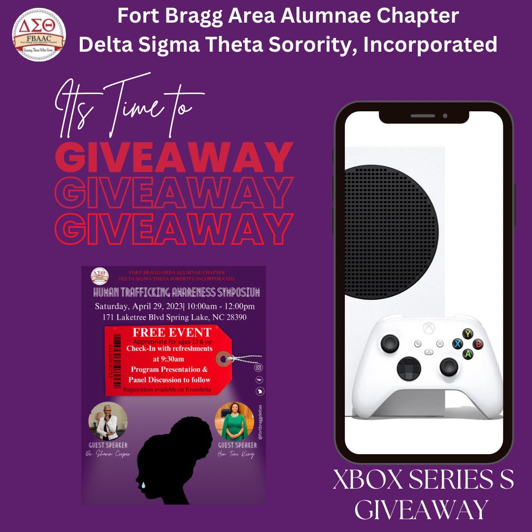 FortBraggDeltas's tweet photo. A lucky person will be the winner of the Xbox giveaway during the Human Trafficking Awareness Symposium on April 29th. Register for this free event using the Eventbrite link: https://t.co/7Elx9U0Qb7 #humantraffickingawareness #symposium #xbox #giveaway #free #event #dst #fbaac https://t.co/h8q9TAqj5C