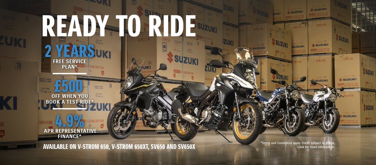 🔵📰 SUZUKI NEWS 📰🔵 Brand New Offers have been announced from Suzuki, and the ‘Ready to Ride’ promotion really is in a league of it’s own. Offering: 2 years free service plan £500 OFF RRP *when booking a test ride* 4.9% APR Representative Finance* More Information to come!