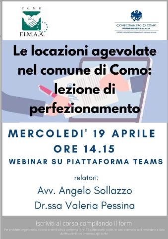 comofimaa's tweet photo. FIMAA COMO è lieta di invitarti all’esclusivo corso: “Le locazioni agevolate nel comune di Como. Lezione di perfezionamento”
Il corso si terrà online mercoledì 19 aprile dalle ore 14.15 alle ore 15.00, Per iscriversi compilare il form alla seguente pagina:
https://t.co/VaP3ZciLHg https://t.co/ojppOiSmLp