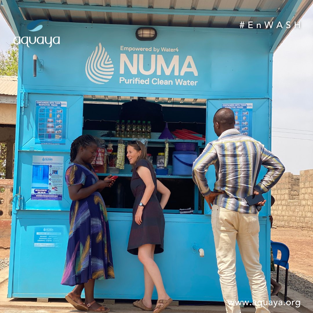 Aquaya's tweet photo. A NUMA water kiosk in the WA district, Wassa East region of Northern Ghana, with a fully fitted chlorination system. Aquayans visited the location to conduct formative research for the #EnWASH program. https://t.co/kPDvIGHFD5