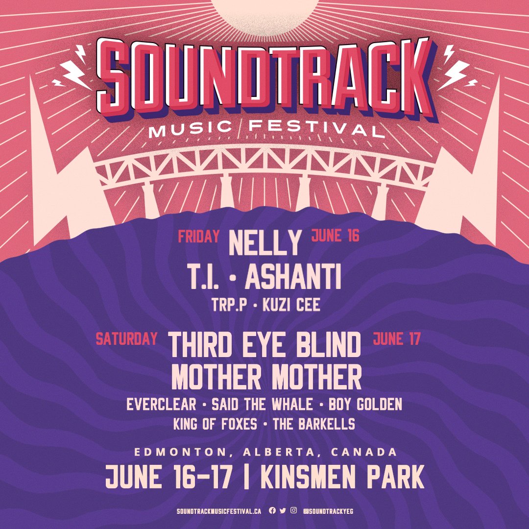 🚨SINGLE DAY TICKETS ON SALE FRIDAY AT 7AM!
Friday June 16: Nelly, T.I., Ashanti Official, TRP.P &amp; Kuzi Cee.
Saturday June 17: Third Eye Blind, Mother Mother, Everclear, Said The Whale, Boy Golden, King of Foxes &amp; The Barkells!
👉soundtrackmusicfestival.ca/tickets/