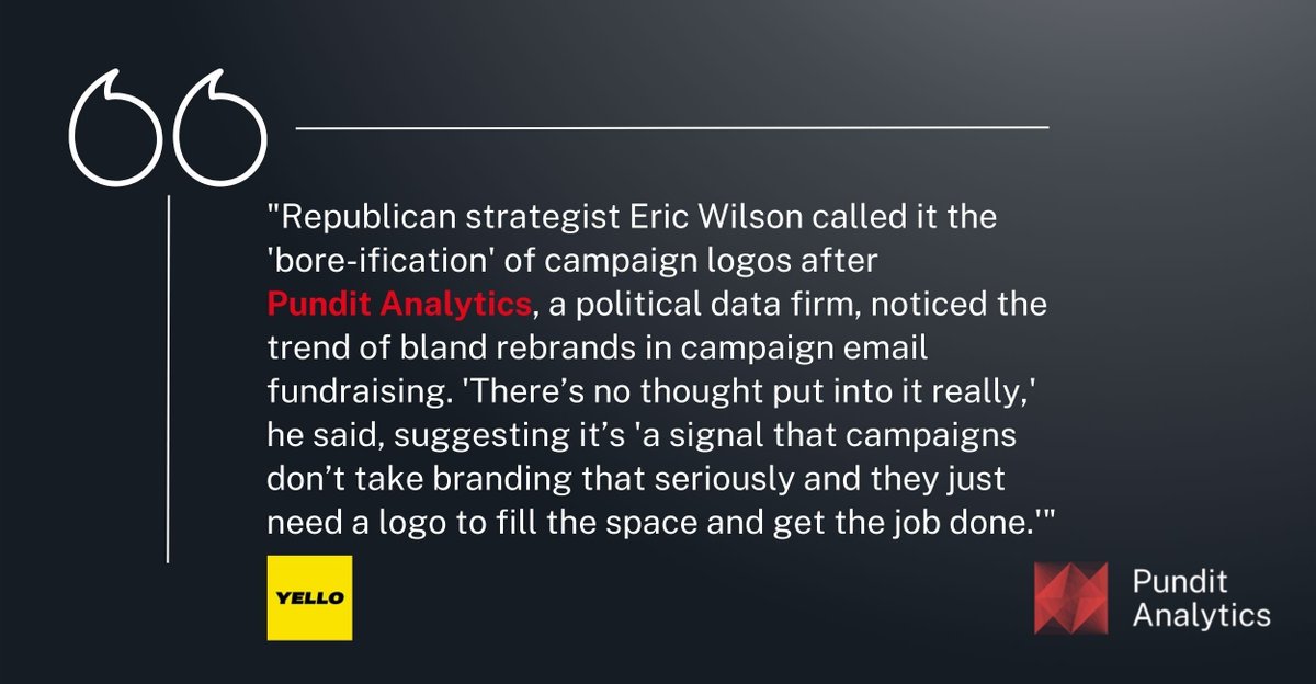 PunditAnalytics's tweet photo. Campaign logos have undergone a rebrand in 2024, and it's not for the better, according to @ericwilson. 

Check out how 8 Senate campaigns updated their logos for the upcoming election in this @yellopolitics piece, citing data from Pundit Analytics.
https://t.co/dKU2Z6vDIR https://t.co/yVvocbPVUP