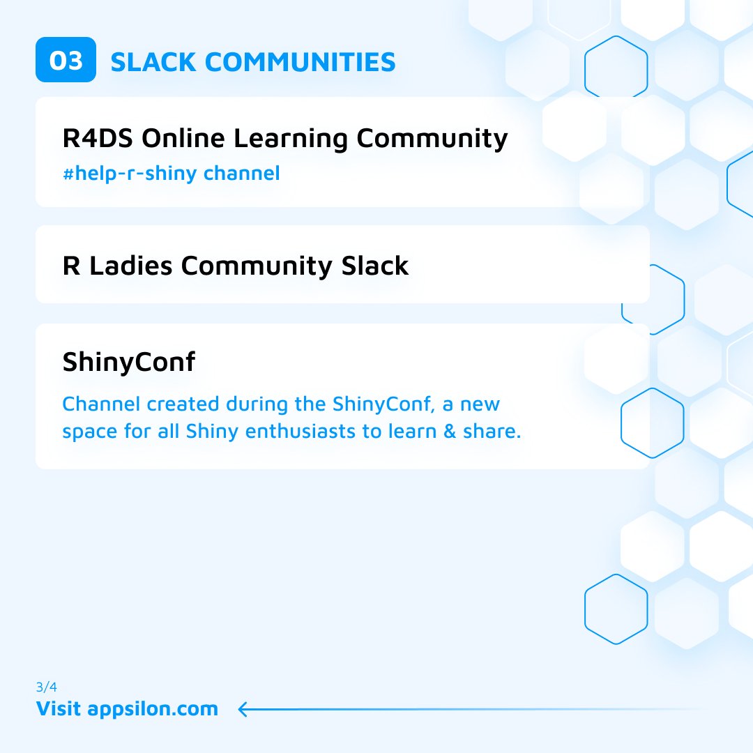 What are the 🔝3️⃣ ways of staying in touch with the #RShiny Community?

We’ve asked our Community Leader, <a href="/joanna_mocko/">Joanna Mocko/ @joannamocko@fosstodon.org</a> for her recommendations.

Check out the top conferences, meet-ups, and Slack channels on all things #Shiny. Anything else you would add to this list?✅

#rstats