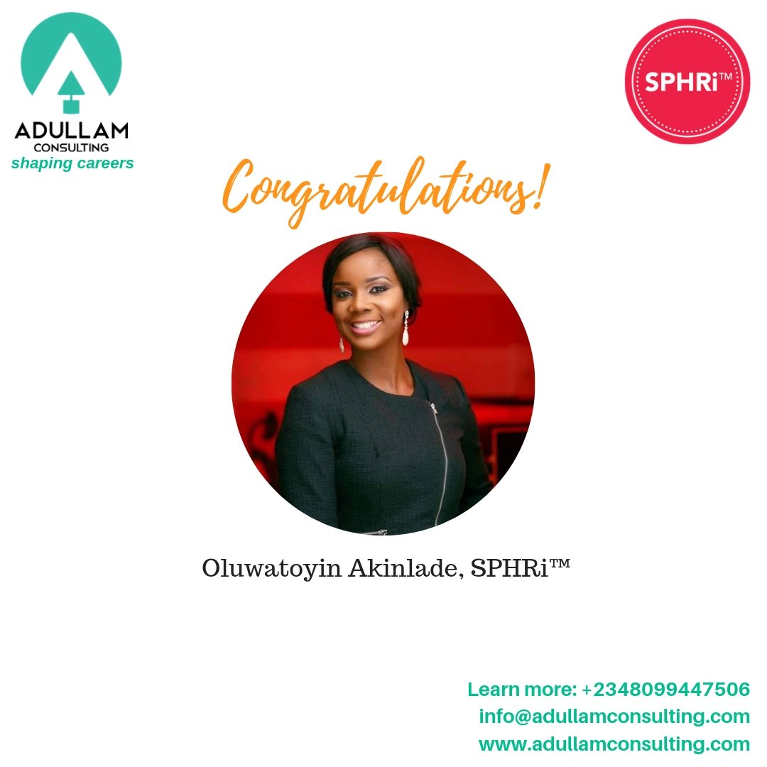 AdullamConsult's tweet photo. Congratulations to Toyin on getting SPHRi certified! Welcome to the distinguished @HRCI_Official global community.

We're proud of your achievement and looking forward to celebrating more success in your career. https://t.co/JDbKESwPVa