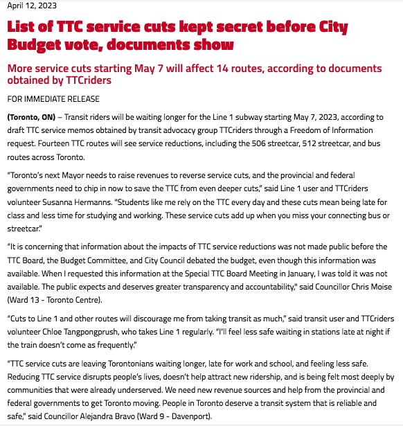 ttcriders's tweet photo. List of TTC service cuts kept secret before City Budget vote, documents show
More service cuts starting May 7 will affect 14 TTC routes including Line 1, according to documents obtained by @TTCriders
PRESS RELEASE: https://t.co/JBLLzM9K0Z #TTC #TOpoli https://t.co/yzXv70RDh0