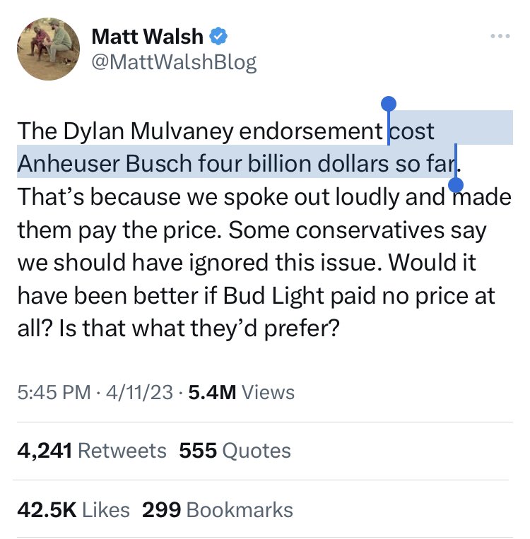 NGrossman81's tweet photo. Bud Light annual sales is about $4B, so no, they didn’t lose all that in a month.
Parent company Inbev’s stock is trading near a 52-week high.
But it’s probably better if culture warriors lie that their boycott is a success than lament failure and call for more drastic measures. https://t.co/BSs0xoN2zy