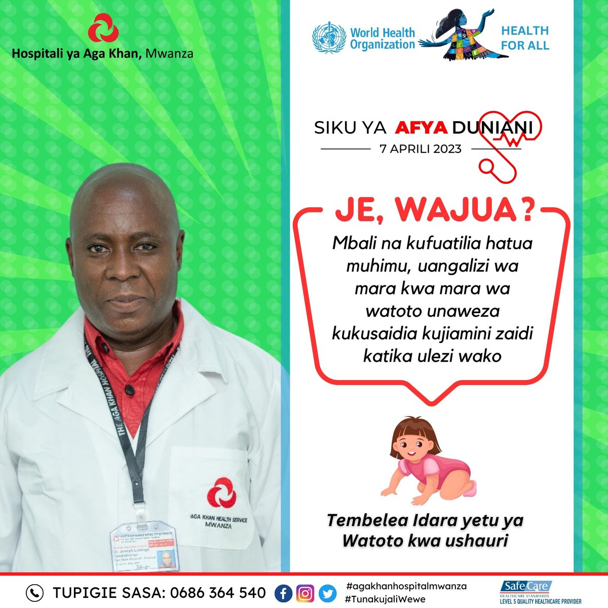 Regular pediatric care enables you to keep your child healthy and safe. Make an appointment today to see our Pediatrician, Dr. Joseph M. Lulengo via 0686 364 540.

#agakhanhospitalmwanza #worldhealthday #WHD2023  #childcare #paediatriccare #paediatricians #mwanza #tanzania