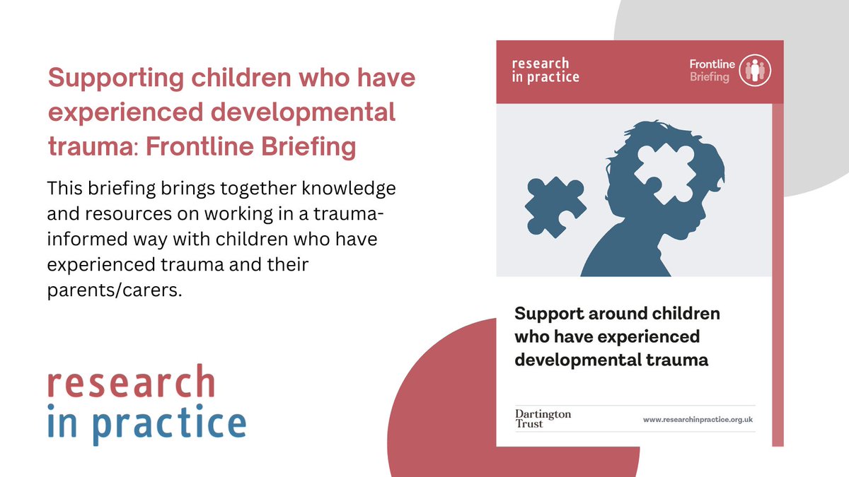 researchIP's tweet photo. Practitioners have a crucial role to play in supporting children who have experienced trauma. Our new Frontline Briefing explores what we mean by developmental trauma and its impact on children and their parents/carers. https://t.co/ilzycFACQp https://t.co/YTG86J2FZx