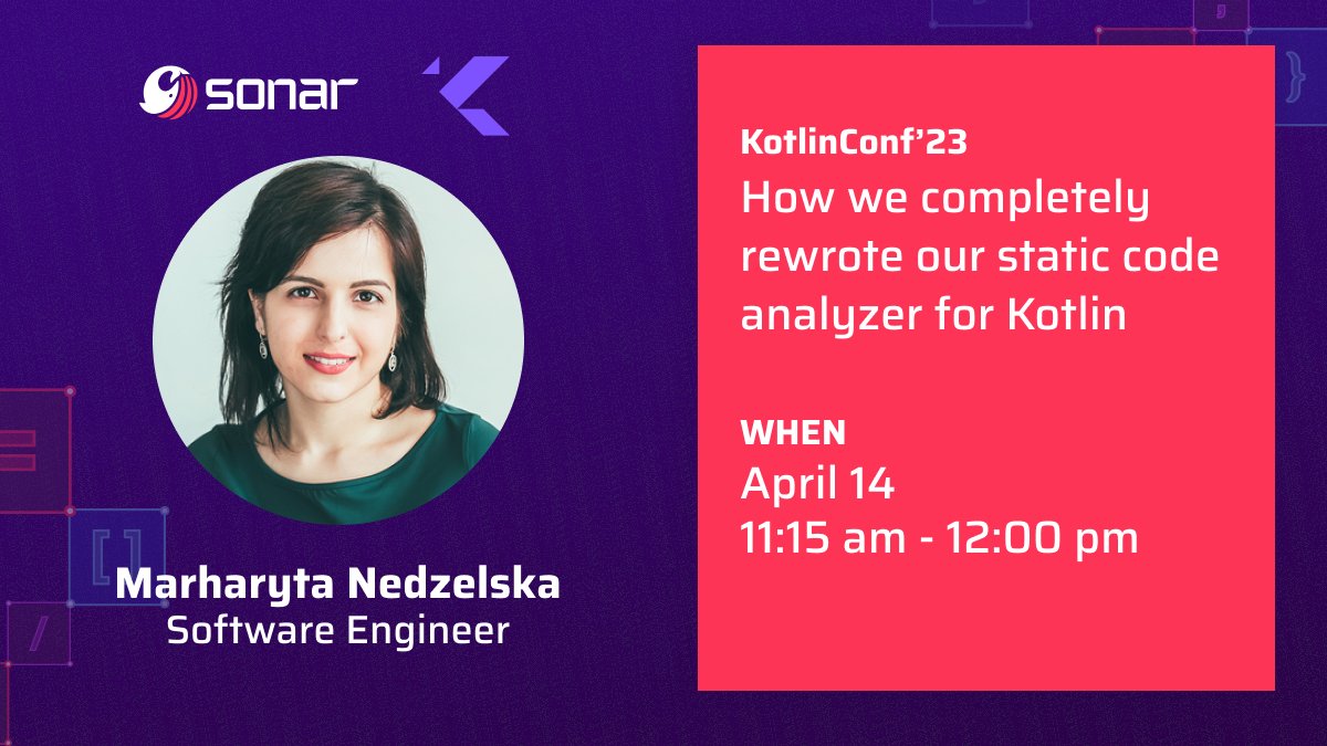 SonarSource's tweet photo. Coming to @kotlinconf? 
On April 14, Sonar Software Engineer @jMargaritaN will present on how we completely rewrote our static code analyzer for #Kotlin, highlighting the challenges she faced in pursuit of enhanced support for the language

Details:
https://t.co/UUrm2FXyYG https://t.co/yOR9IJi5zC