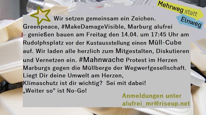 AlufreiM's tweet photo. #Mahnwache ---> Der Müll-Cube kommt in die Stadt.
 
Wir setzen gemeinsam ein Zeichen. 
Mit Greenpeace, Make Damage Visible und Marburg alufrei - genießen laden 
wir Euch herzlich ein, den Müll-Cube in  Marburg  zu begrüßen.
👏👏👏
„Weiter  so“  ist  No-Go! https://t.co/UWDnAgOkhA