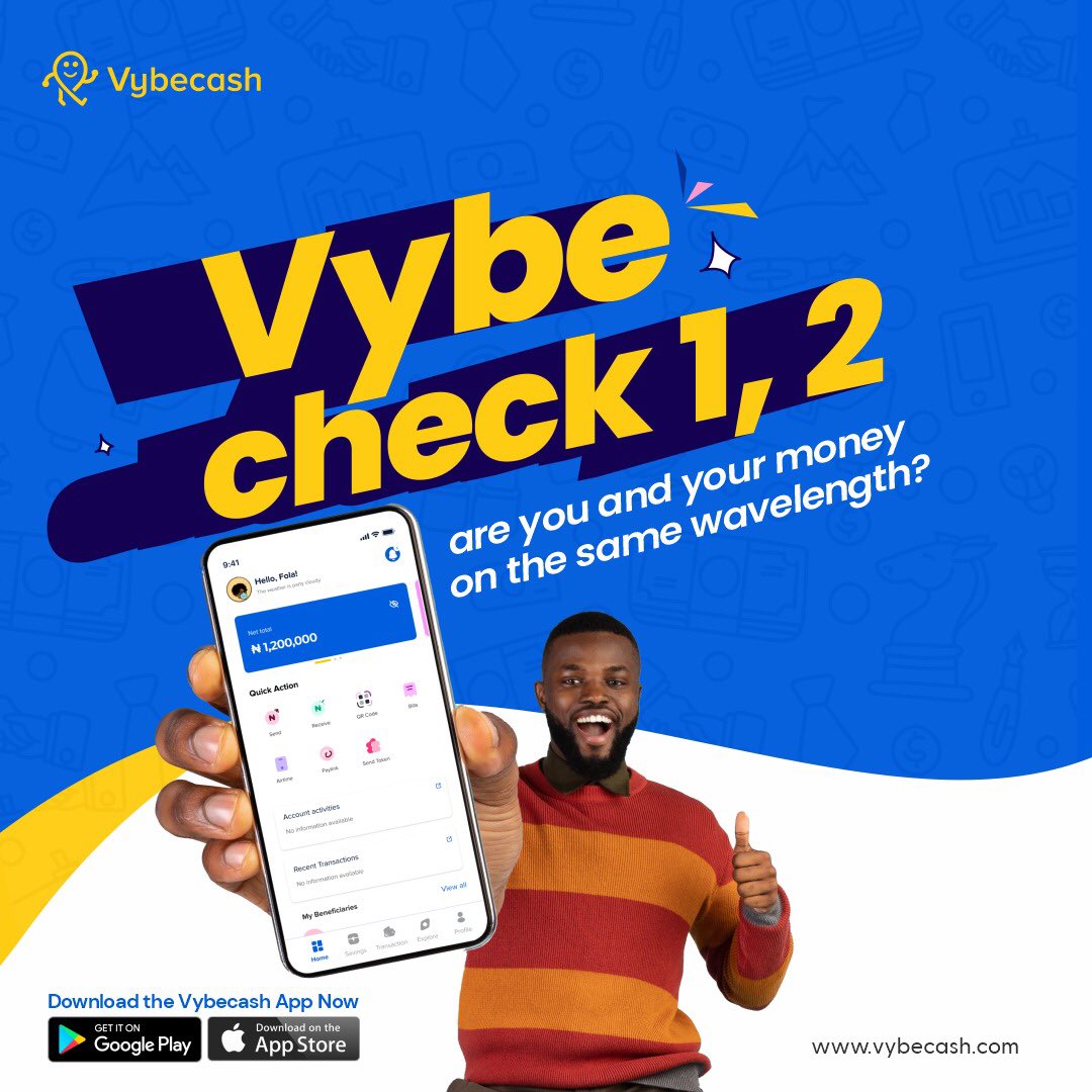 vybecash's tweet photo. Donβt let your money and your vybe clash. Make sure you are in the same wavelength with Vybecash.
Download the app today and take control of your finances : https://t.co/KMDxKrRTcU
#Vybecash #Theleadingvybe #digitalbanking #OneAppManyBenefits #wednesday #payment https://t.co/BosIqHKTFk