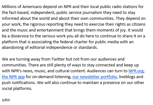 NEW: NPR has decided it will no longer participate on Twitter due to inaccurate labelling of our main account. Twitter doesn't make or break anything we do as an organization, and so there's not much benefit for staying. Full statement from CEO John Lansing below.