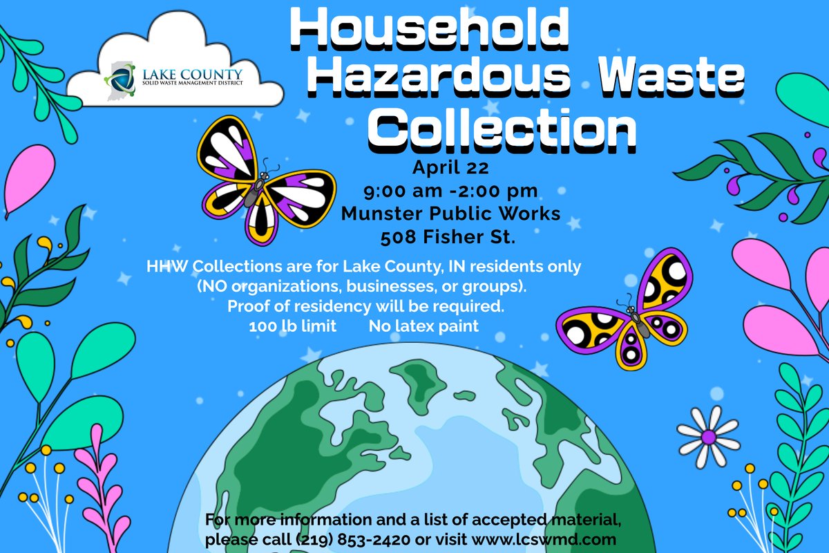 lakecountyswmd's tweet photo. Our next Household Hazardous Waste Collection is on April 22 at the Munster Public Works facility.  9:00 am -2:00 pm. https://t.co/2ergWXP9gu