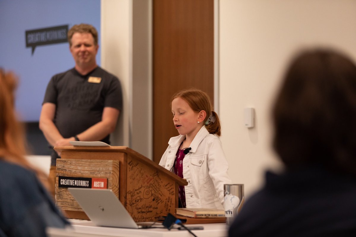 CM_Austin's tweet photo. No matter how many years it's been since you've been to a #CMATX talk, you are always welcome back. Big thanks to Katie for reading the #CreativeMornings manifesto at our March event. #CMcorruption https://t.co/GzB3nKXlHW