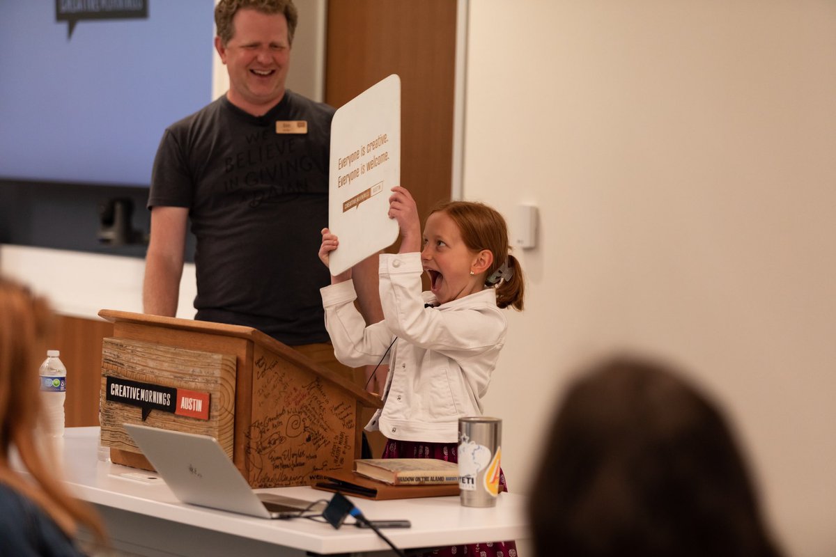 CM_Austin's tweet photo. No matter how many years it's been since you've been to a #CMATX talk, you are always welcome back. Big thanks to Katie for reading the #CreativeMornings manifesto at our March event. #CMcorruption https://t.co/GzB3nKXlHW