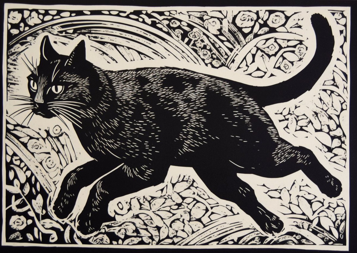 Taoski's tweet image. I have been using #midjourneyv5 to create more linocut designs.  AI does a great job and these could sell as greetings cards.

I love the negative space this style creates; the white outlines around the animals.

Probably a good style to use for children&apos;s book illustration too.
