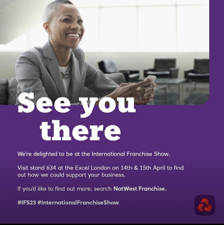 I and my colleagues from the NatWest Franchise Team are looking forward to exhibiting at @FranchiseShowUK this Friday and Saturday. 
We are ok stand 634 so make you drop by and say Hi 🙋🏼‍♂️

#IFS23 #InternationalFranchiseShow #IFS #BusinessShow